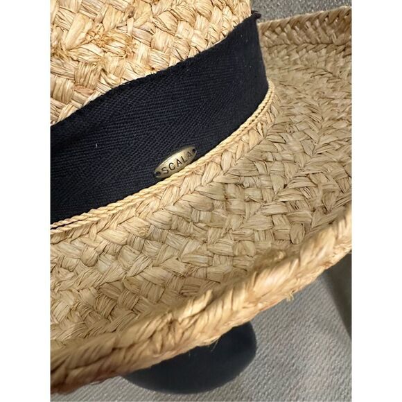 Vintage Scala Collection Woven Straw Hat Black Ribbon Trim Bow Feather Boho - Picture 8 of 10